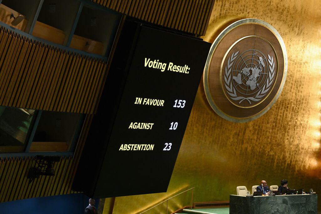 A general view shows voting results during a UN General Assembly meeting to vote on a non-binding resolution demanding 'an immediate humanitarian ceasefire' in Gaza. Photograph: Getty