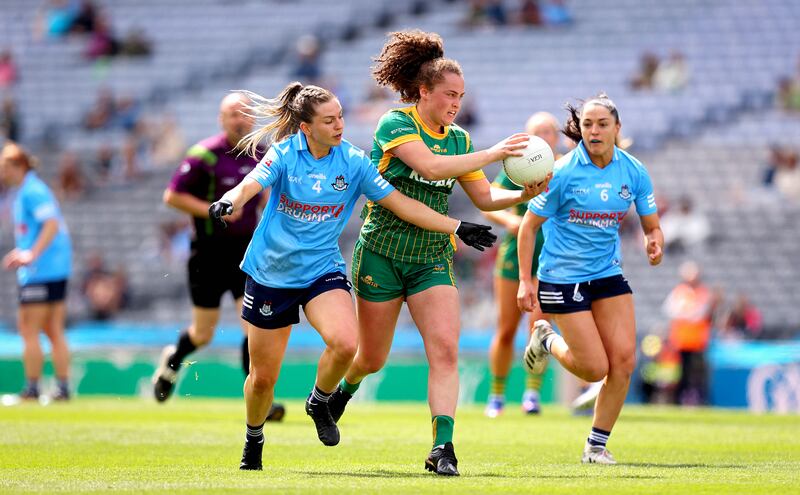 Dublin’s Martha Byrne challenges Emma Duggan of Meath during the 
TG4 Leinster SFC Final at Croke Park. Photograph: Ryan Byrne/Inpho