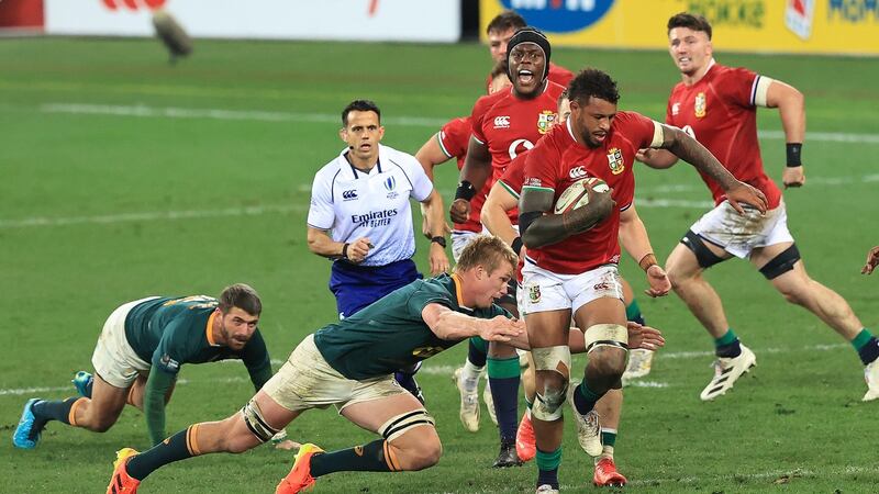Courtney Lawes  goes past Pieter-Steph du Toit during the first  Test in Cape Town. Photograph:  David Rogers/Getty Images