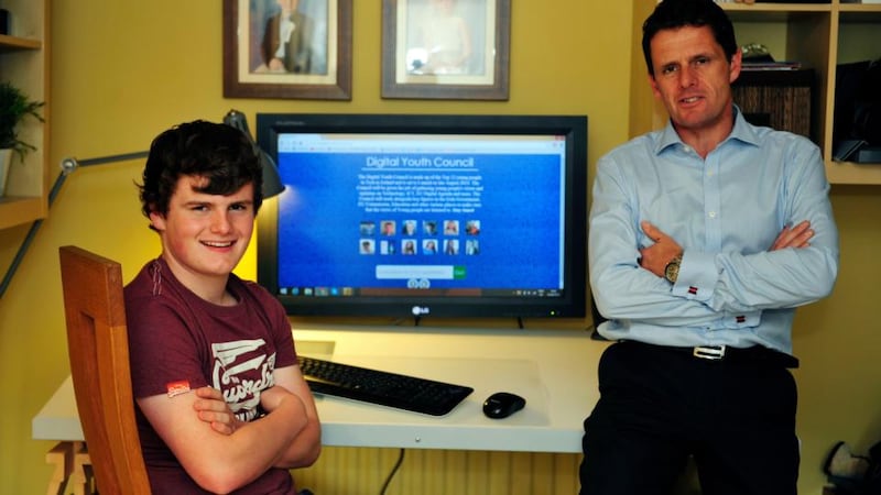 Harry McCann  with his father, Stephen,  at home in Clane, Co Kildare. Photograph: Aidan Crawley