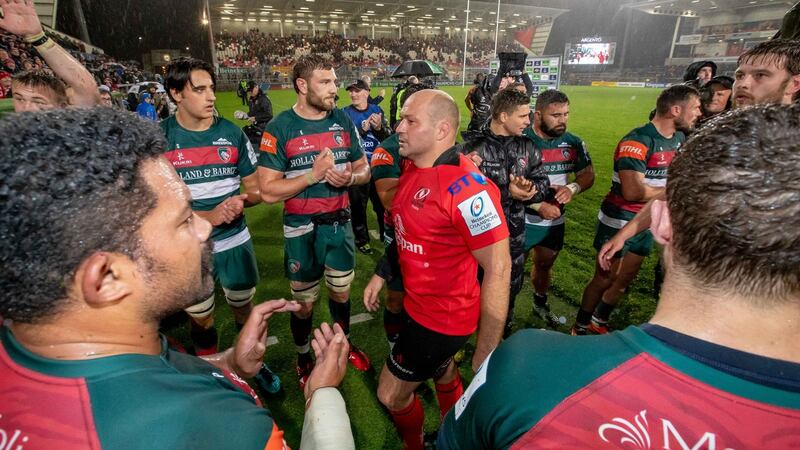 Ulster captain  Rory Best walks off through the Leicester players after the Heineken Champions Cup game  at the Kingspan stadium. Photograph:  Morgan Treacy/Inpho