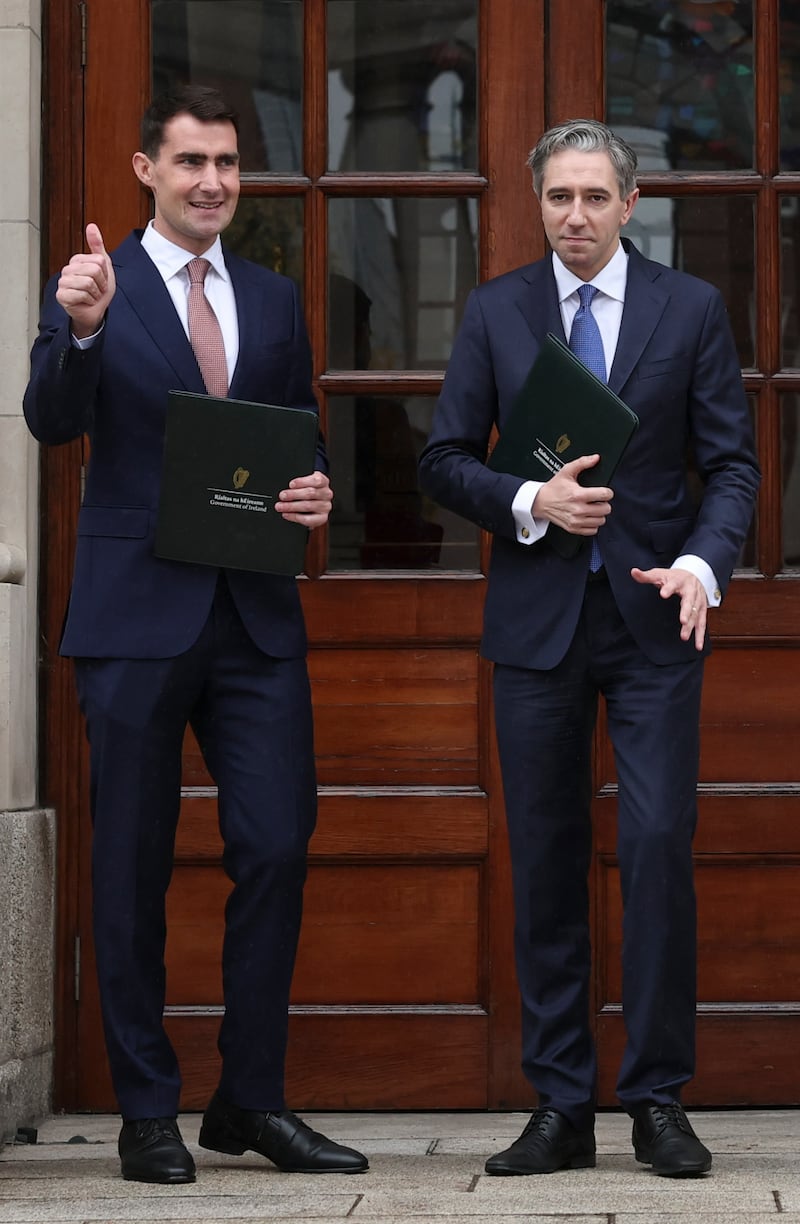 Public Expenditure Minister Jack Chambers (left) and Finance Minister Simon Harris announce the details of Budget 2027 to the Dail at Leinster House, Dublin. Photograph: Clodagh Kilcoyne/PA Wire