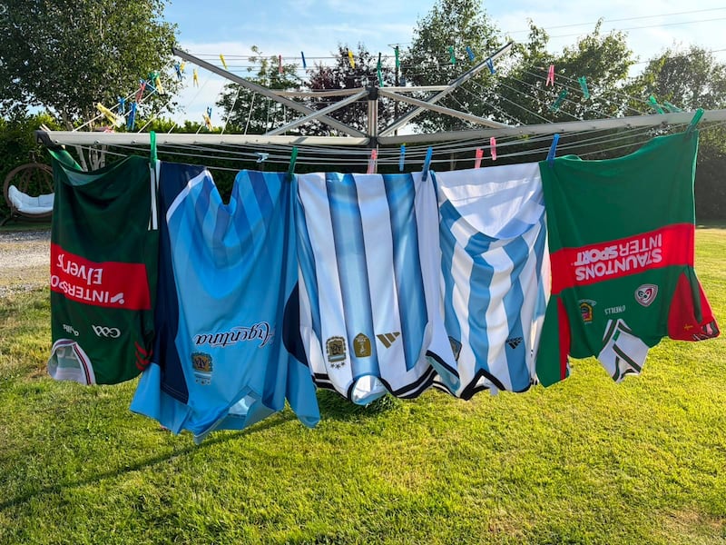 Argentina and Mayo jerseys on the washing line in Foxford. Photograph: Margaret Reilly