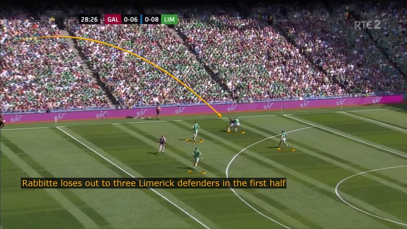 Jason Rabbitte tries to secure possession with three Limerick defenders ready to close in on him.