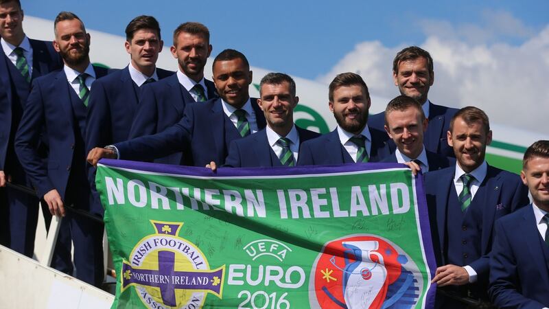 The Northern Ireland team before heading off for their Euro 2016 training camp in Austria. Photograph: Niall Carson/PA Wire