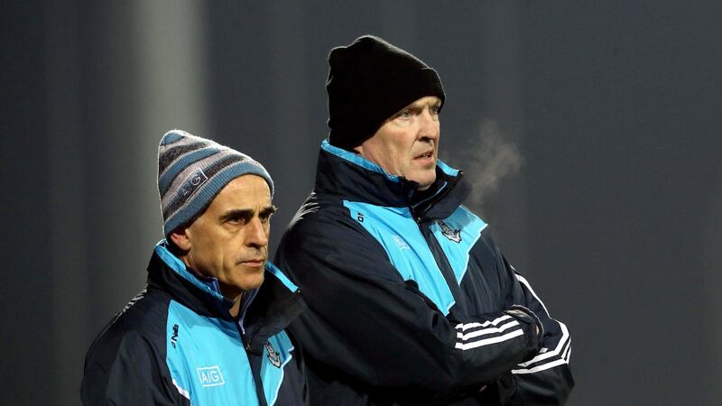 The Dublin management team of Pat Gilroy and Anthony Cunningham on the sidelines during the Allianz Hurling League Division 1B match against Limerick at  the Gaelic Grounds. Photograph: Lorraine O’Sullivan/Inpho