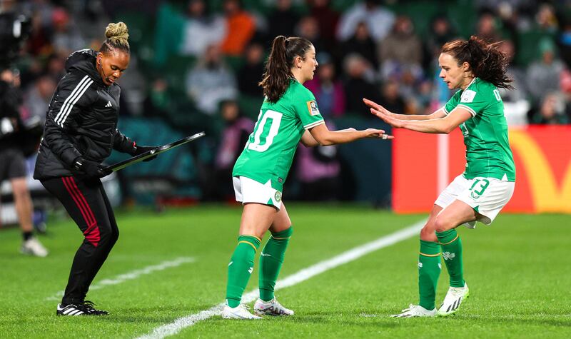 Ireland’s Marissa Sheva comes on for Aine O’Gorman during the clash against Canada in Perth. Photograph: Ryan Byrne/Inpho 