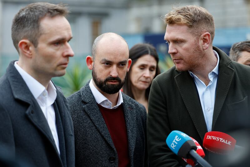 Social Democrats TD Eoin Hayes for Dublin Bay South (centre) with deputy leader Cian O’Callaghan (left) and fellow TD Gary Gannon (right).  Photograph: Nick Bradshaw/The Irish Times