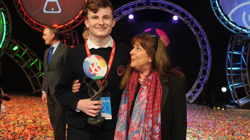 Adam Kelly, BT Young Scientist of the Year,    with his mother Carol Moroney. Photograph: Aidan Crawley