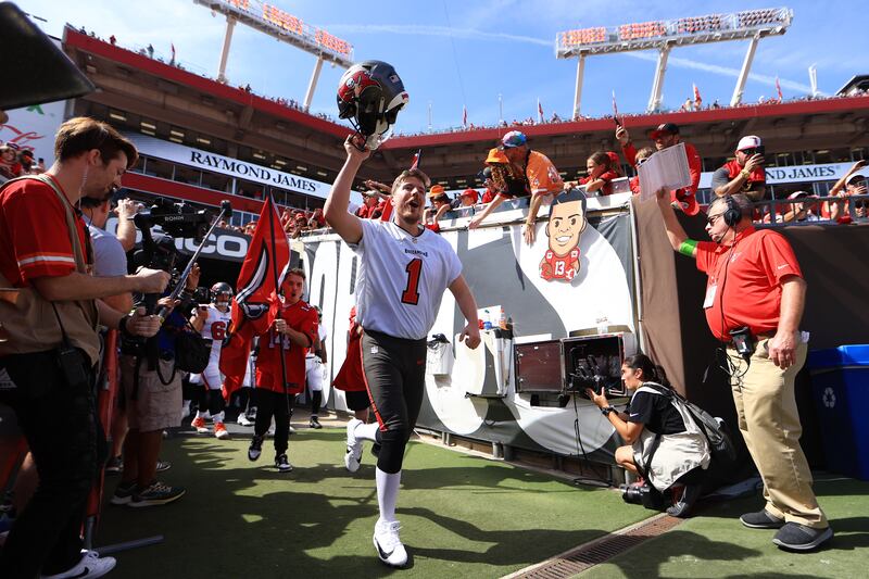 YouTube personality: MrBeast leads the Tampa Bay Buccaneers on to the field before a game in Florida last year. Photograph: Mike Ehrmann/Getty