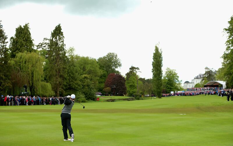 Rory McIlroy of Northern Ireland plays his second shot on the 16th hole during the final round of the Irish Open. Photograph: Andrew Redington/Getty