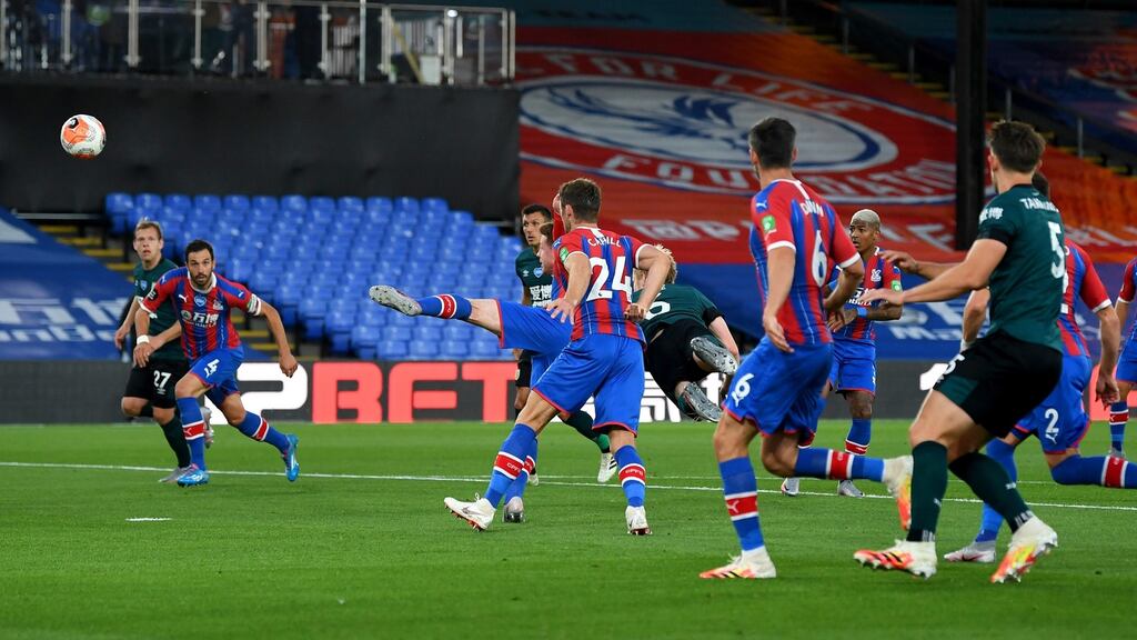 Burnley’s  Ben Mee heads home a goal during the Premier League game against Crystal Palace at Selhurst Park. Photograph:  Daniel Leal-Olivas/Pool via Getty Images