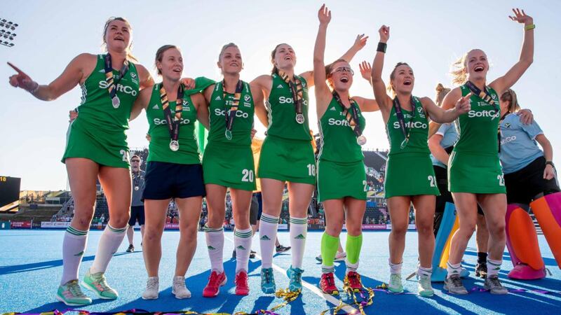 Ireland’s hockey team celebrate with their World Cup silver medals. Photograph: Morgan Treacy/Inpho