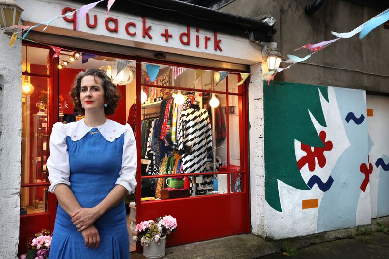 Deirdre Mahon outside her boutique, quack and dirk, rear Marino Mart,  Fairview, Dublin. Photograph: Dara Mac Dónaill







