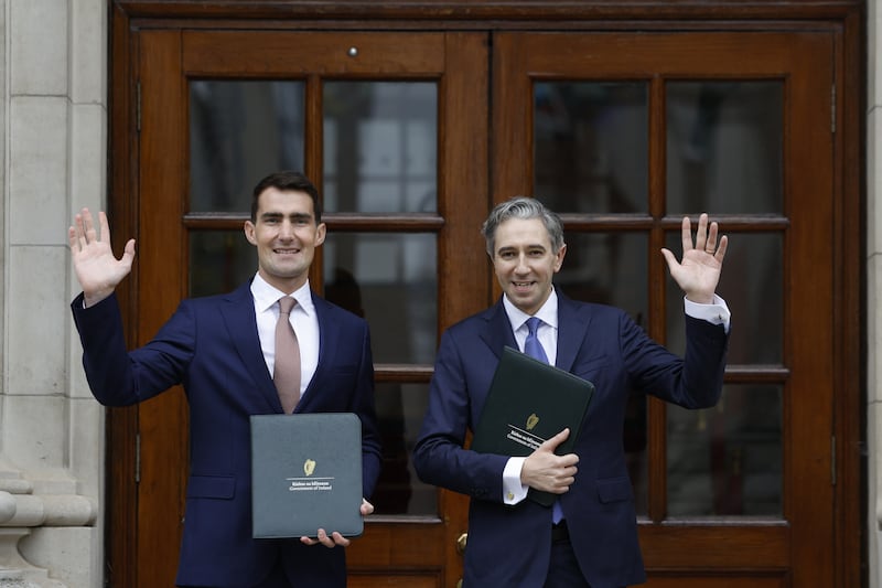 Jack Chambers and Simon Harris at Government Buildings ahead of their Dail speeches. Photograph: The Irish Times/ Nick Bradshaw