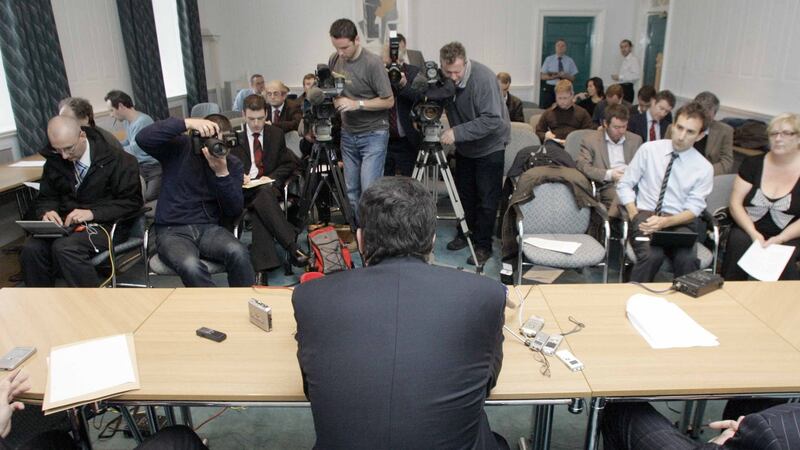 The then minister for finance, Brian Lenihan, during a  press conference at Government Buildings in September 2008 where he said the government had decided to guarantee all deposits in Irish banks. Photograph. Mark Stedman/Photocall Ireland.