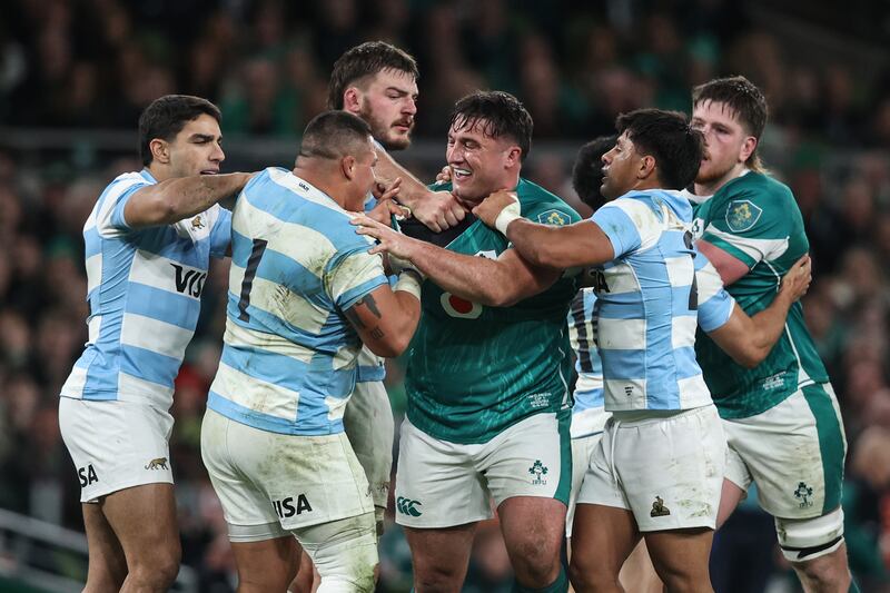 Ireland's Thomas Clarkson has words with Argentina's Thomas Gallo during the Autumn Nations Series match at the Aviva Stadium. Photograph: Ben Brady/Inpho