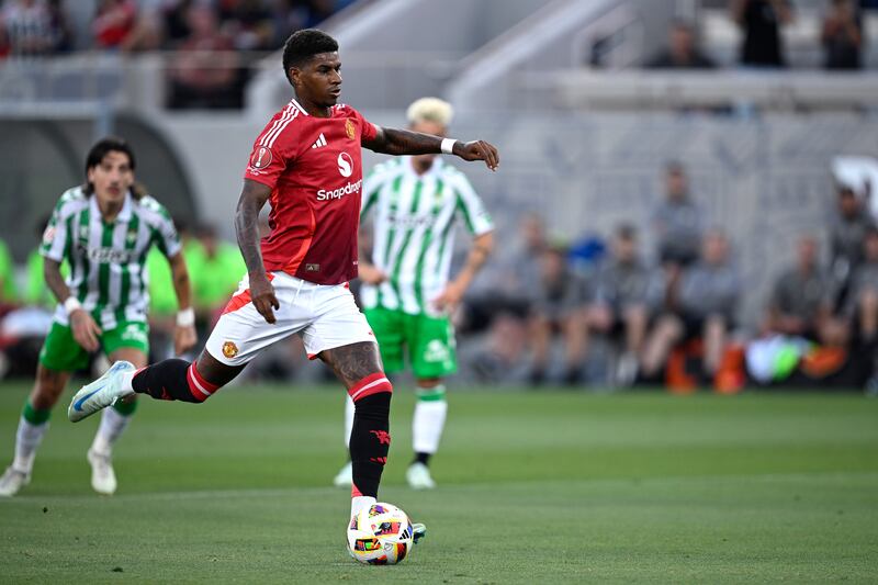 Marcus Rashford scores a penalty kick during Manchester United's friendly against Real Betis in San Diego earlier this week. Photograph: Orlando Ramirez/Getty