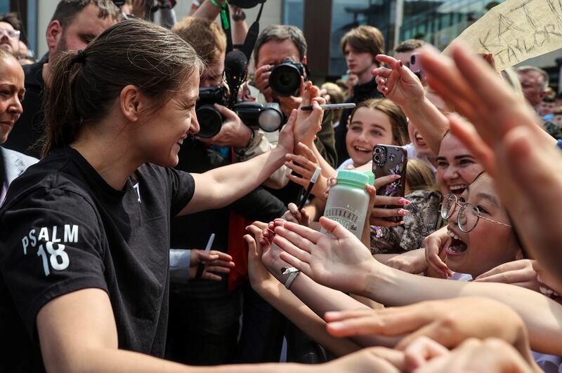 Katie Taylor greets fans at the public workout at Dundrum Town Centre on Wednesday. Photograph: Gary Carr/Inpho
