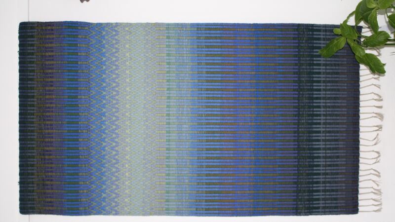 The Blue Garden by Terry the Weaver Floor Rug / Wall Hanging in Wool and Linen. 150cm. X 84cm Price €400.