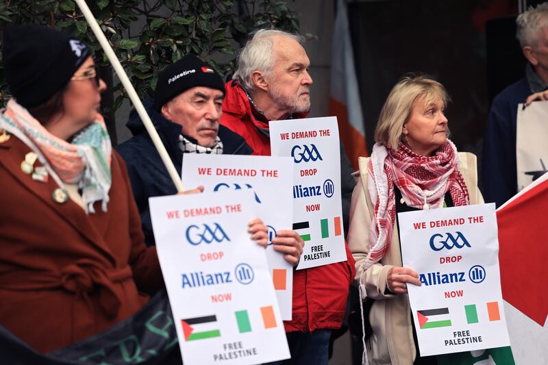 Protesters outside Croke Park on Thursday. Photograph: Dara Mac Dónaill