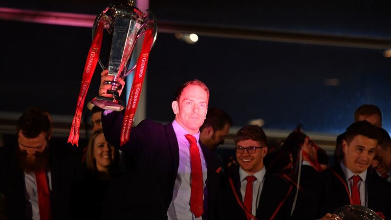 Wales captain Alun Wyn Jones with the Six Nations trophy at a celebration welcome at the Senedd in Cardiff Bay on Monday. Photograph:  Simon Galloway/PA Wire