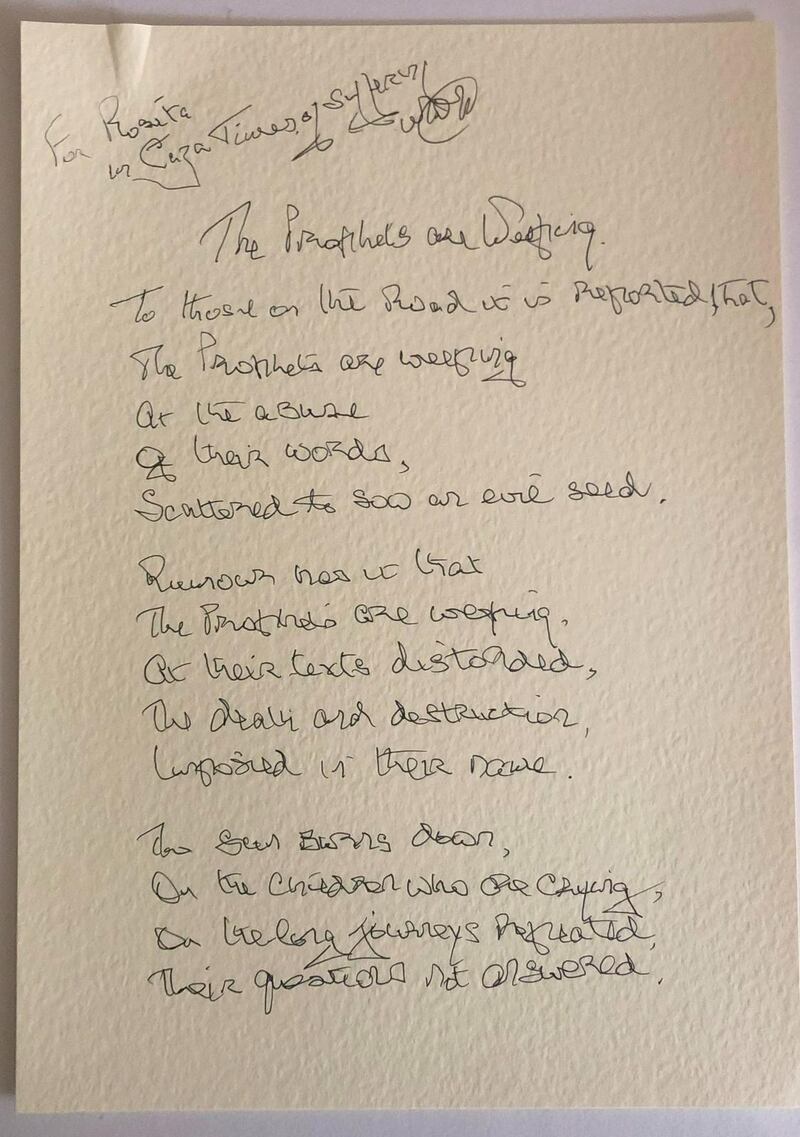 The poem by President Michael D Higgins auctioned as part of Art for Gaza