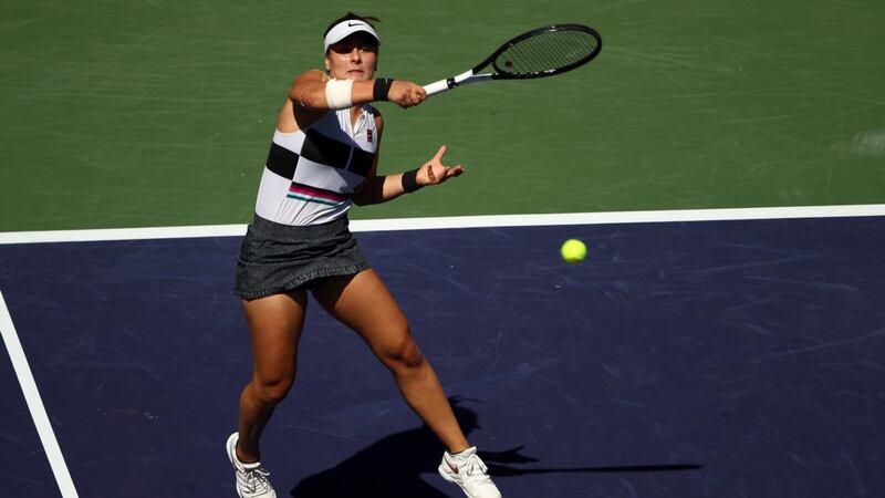 Bianca Andreescu  plays a forehand during  the final at Indian Wells. Photograph:  Clive Brunskill/Getty Images