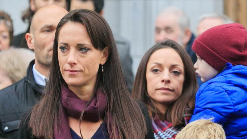 Daughters of Jer O’ Leary (L to R) Nora & Clare during the funeral  at the Church of St. Agatha’s church. Photograph: Gareth Chaney / Collins