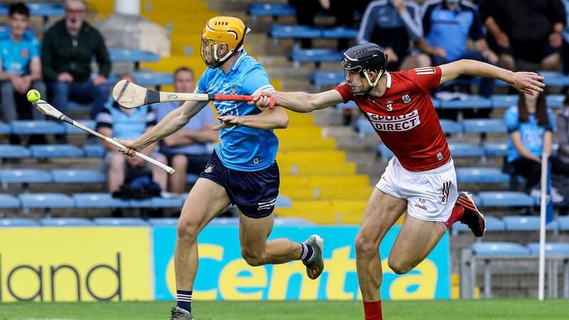 Dublin’s Ronan Hayes and Robert Downey of Cork in action during the All-Ireland quarter-final. Photograph: Lorraine O’Sullivan/Inpho