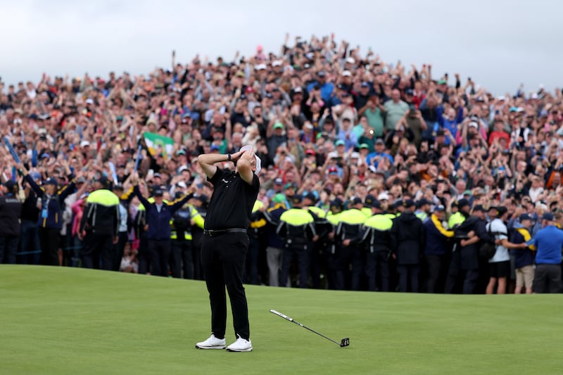 Shane Lowry celebrates winning the 2026 Irish Open in Doonbeg. Photograph: Richard Heathcote/Getty Images