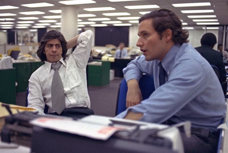 Reporters Bob Woodward  and Carl Bernstein (left) in the newsroom of the Washington Post on May 7th, 1973. Photograph: AP