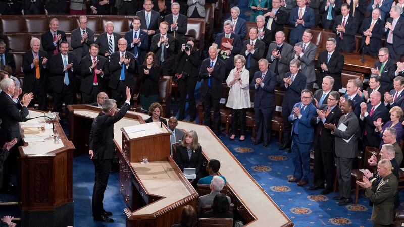 Nato secretary general Jens Stoltenberg gets a standing ovation after his address to a joint meeting of the US Congress on the 70th anniversary of the North Atlantic Treaty. Photograph: Michael Reynolds/EPA