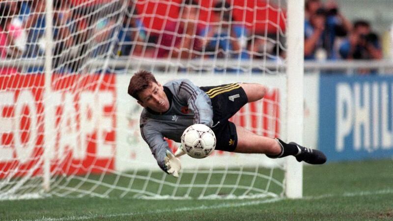 Packie Bonner saves a penalty by Daniel Timofte in the shoot-out. Photograph: Billy Stickland/Inpho