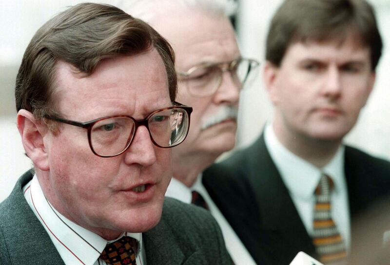 Then Ulster Unionist leader David Trimble (left, since deceased) with party members Ken Maginnis and Jeffrey Donaldson at Parliament Buildings, Stormont, in 1998. Mr Donaldson is now leader of the Democratic Unionist Party. Photograph: PA Wire