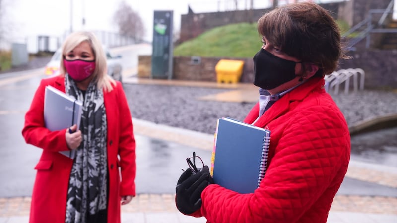 From left: Deputy First Minister Michelle O’Neill (SF) and  First Minister Arlene Foster  after a news conference in Tyrone on Thursday. Photograph:  Kelvin Boyes/Press Eye/PA
