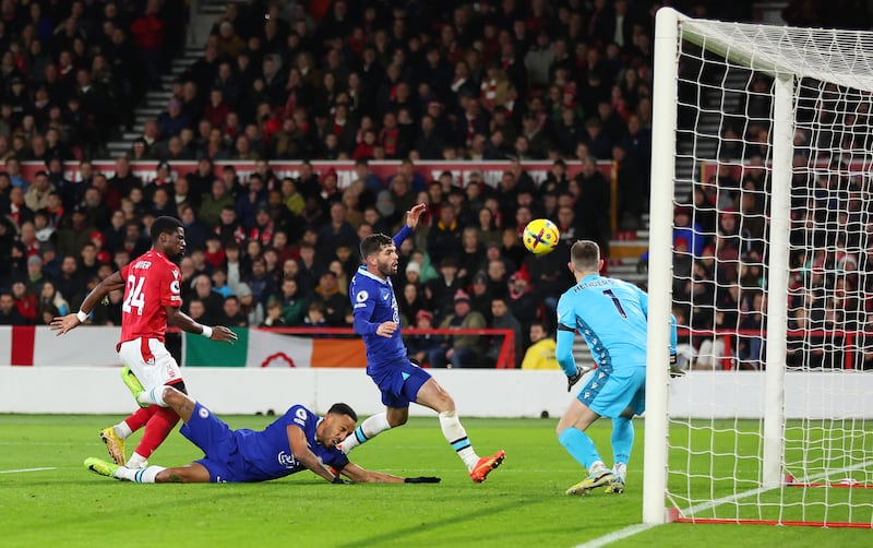Feeling blue: Pierre-Emerick Aubameyang falls to the floor as Chelsea fluff a chance at Nottingham Forert. Photograph: Marc Atkins/Getty Images