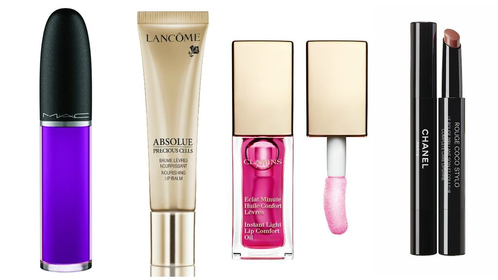 MAC Retro Matte Liquid Lipcolour in Recollection (€28); Lancome Absolue Precious Cells Nourishing Lip Balm (€50); Clarins Instant Light Lip Comfort Oil in Raspberry (€21); Chanel Rouge Coco Stylo in Script (€32.50)