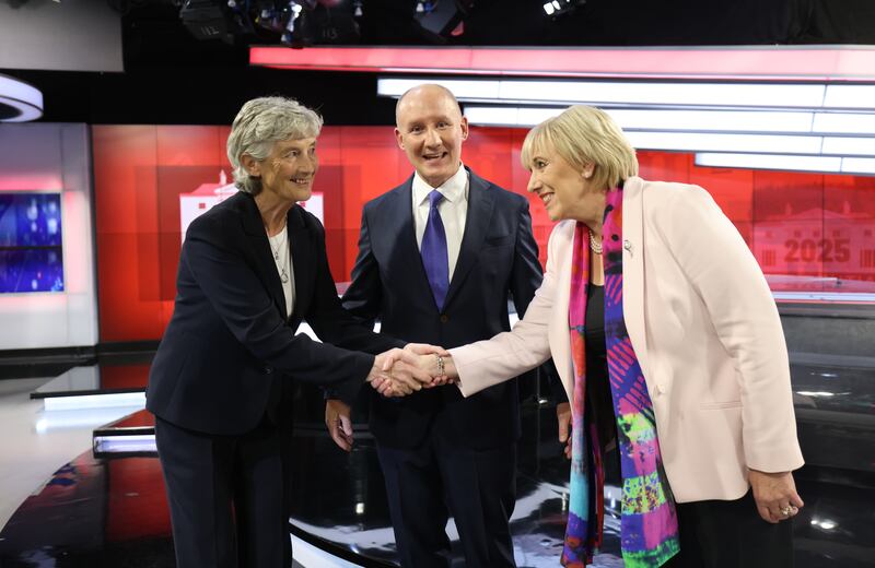 Presidential candidates Catherine Connolly, Jim Gavin and Heather Humphreys at the first campaign TV debate on Virgin Media One on September 29th, 2025. Photograph: Bryan O’Brien/The Irish Times