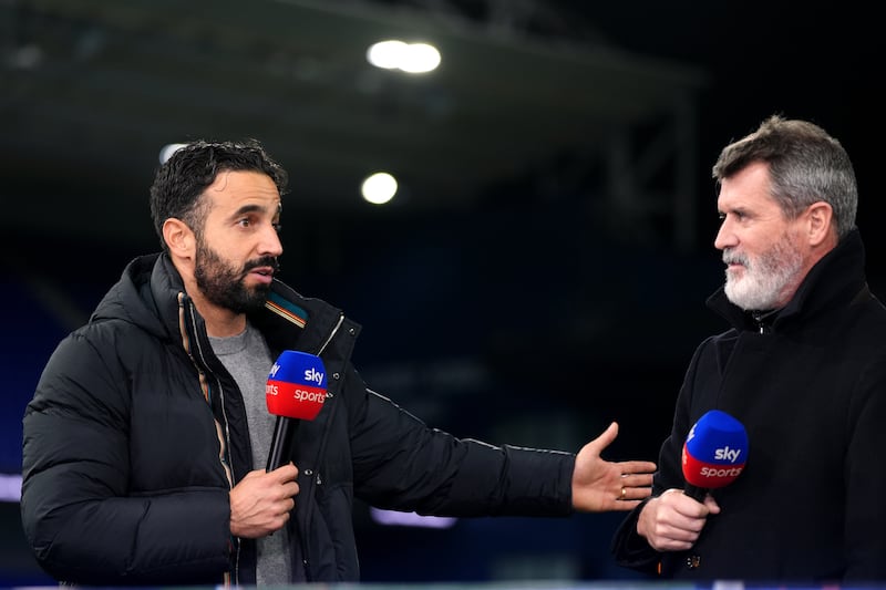 Manchester United manager Ruben Amorim is interviewed by Sky Sports' Roy Keane. Photograph: Bradley Collyer/PA