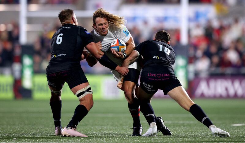 Ulster’s Werner Kok is tackled by Matt Fagerson and Tom Jordan of Glasgow Warriors. Photograph: Ryan Byrne/Inpho