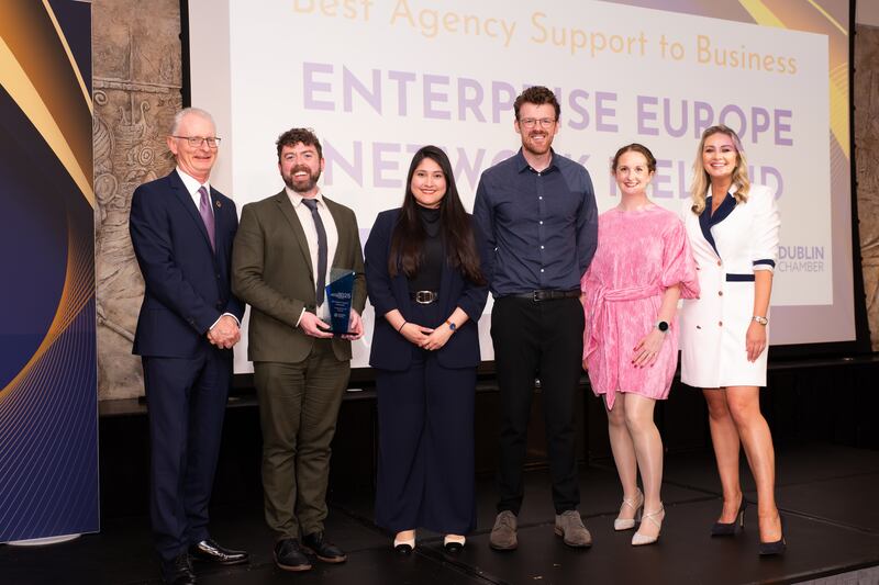 Ian Talbot, chief executive of Chambers Ireland; Patrick McSweeney, Enterprise Europe Network co-ordinator for Ireland, Enterprise Ireland; Monica Valdes, Enterprise Europe Network advisor, Cork Chamber; Teri Smith, manager of Local Enterprise Office; and Anna Daly, MC of the awards. Photographer: Ruben Morrissey-Fernandez/Ruby Productions