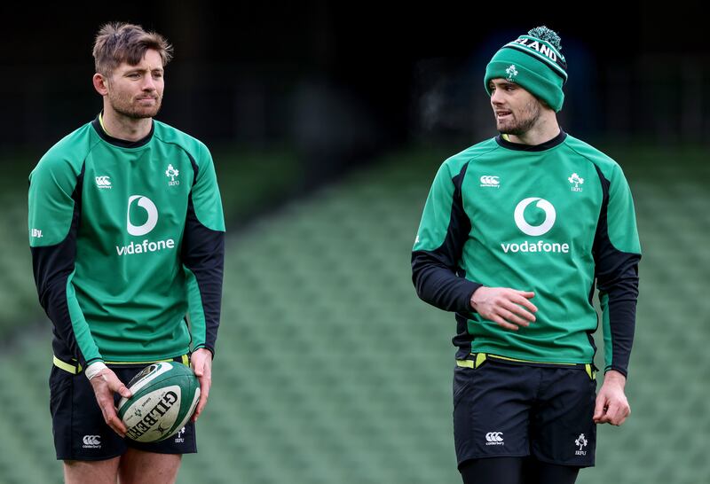 Ross Byrne and Harry Byrne in training for Ireland in 2020. Photograph: Dan Sheridan/Inpho