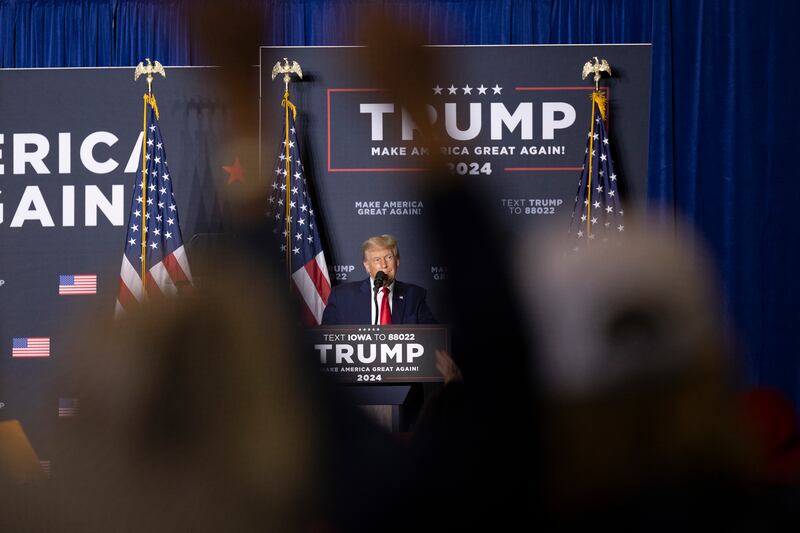 Former US president Donald Trump, a Republican presidential candidate, makes a campaign stop at the Grand River Center in Dubuque, Iowa, on September 20st, 2023. Photograph: Rachel Mummey/New York Times 