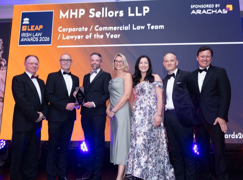 Richard Hammond, solicitor and partner at Hammond Good and chair of the judging panel of the Leap Irish Law Awards; Stephen Keogh, managing partner at MHP Sellors; Martin Flanagan, corporate account director at Arachas; Yuliya Lennon, solicitor at MHP Sellors; Dervla Beirne, solicitor at MHP Sellors; Ronan Hynes, partner at MHP Sellors; and Anton Savage, MC of the night. Photograph: Paul Sherwood