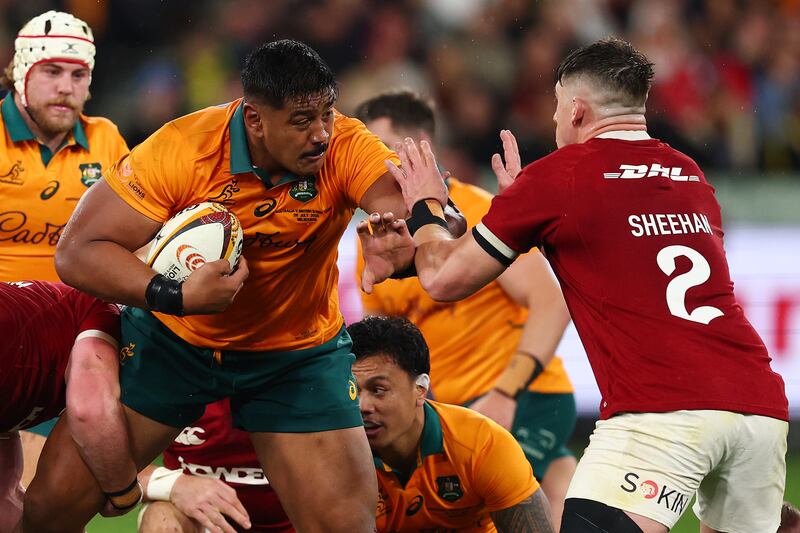 Will Skelton of the Wallabies faces up to a challenge from Dan Sheehan. Photograph: Morgan Hancock/Getty