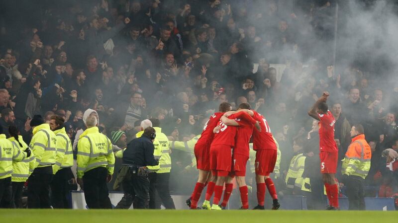 Liverpool’s Sadio Mane celebrates scoring his goal. Photograph: Phil Noble/Reuters