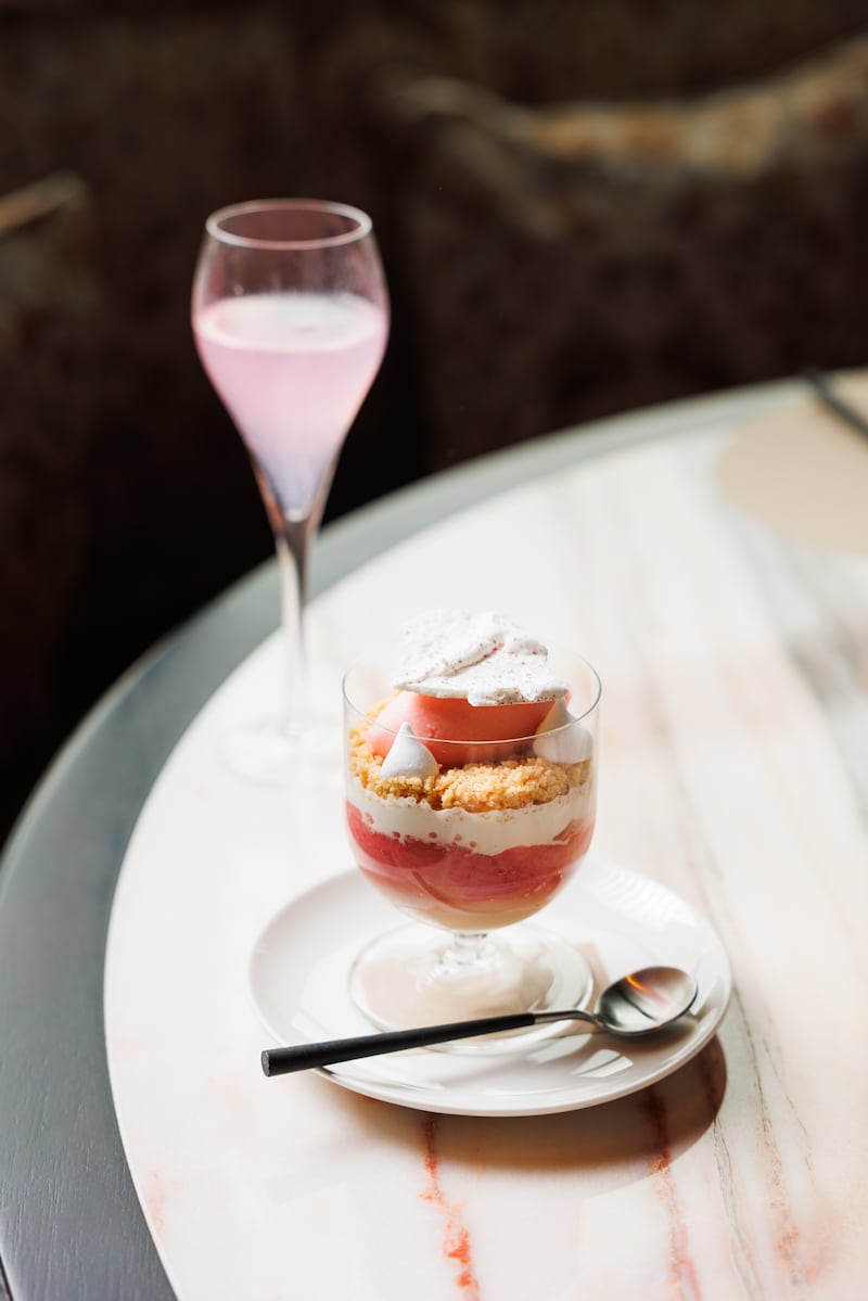 The desserts are fairly simple. A rhubarb trifle is layered up in a glass with lychee gelée, cream, biscuit crumble and a little sorbet