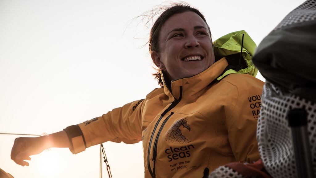Annalise Murphy in calmer conditions on board Turn the Tide on Plastic during leg nine from Newport, Connecticut to Cardiff. Photograph: Volvo Ocean Race