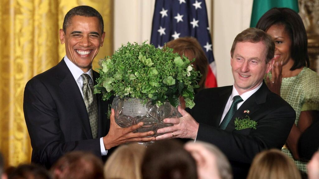 Taoiseach Enda Kenny and then US president Barack Obama at the annual shamrock event in the White House last year.  Photograph: Reuters
